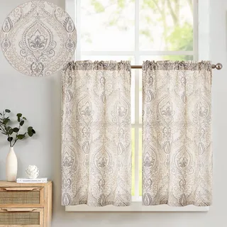 TOPICK Scheibengardine Leinen Vorhang Vintage Bistrogardine Landhaustil Blumen Bedruckt Gardine Geblümt Scheibengardinen Blickdicht für Küche Wohnzimmer Landhaus 2er-Set Braun auf Beige 65B x 90H(cm)
