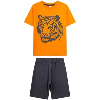 Schlafanzug SANETTA "Pyjama Schlafanzug Tiger kurz Kids", Herren, Gr. 104, bunt (orange, schwarz), Obermaterial: 100% Baumwolle CO., Homewear-Sets Schlafanzug