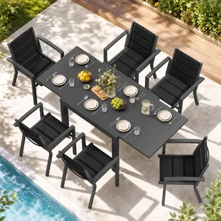 JUMMICO Gartenmöbel Set mit 6 Stühlen, Ausziehbarer Tisch 80–160 x 80 cm, Aluminium Balkonmöbel, Schnelltrocknende Sitzpolster, Bis 150 kg Belastbar, für Garten Balkon Terrasse