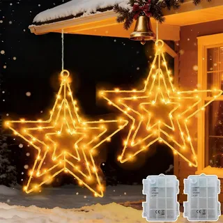 Joycome 2 Stück 75 LED Hängende Stern Weihnachtsbeleuchtung Batterie | Weihnachtsdeko Fenster mit Timer, Wasserdichten Sternenfenster für Innenausendekoration
