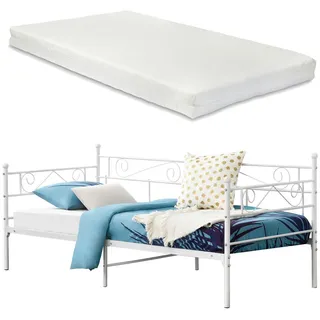[en.casa] Metallbett Kerava mit Matratze 90x200 cm Weiß - Weiß