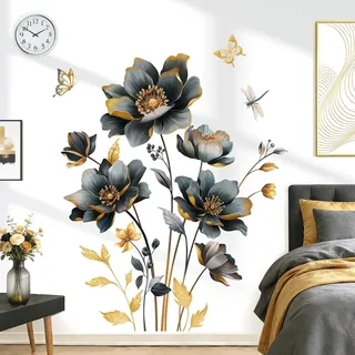 wondever Wandtattoo Blumen Schwarz Wandsticker Blätter Gold Schmetterling | Abziehen und Aufkleben, Abziehbar, Wandaufkleber Selbstklebend für Schlafzimmer Wohnzimmer Flur Sofa Hintergrund Wanddeko