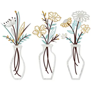 3 Stück Metall Blumen Vase Wanddekoration in Silber, Wandkunst Badezimmer Dekoration Minimalistische Wanddekor für Wohnzimmer Schlafzimmer Garten, Rustikales Haushaltsdekor, Hauswarmung