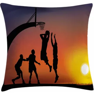 ABAKUHAUS Teen Zimmer Kissenbezug, Basketball Vereins Sport Druck im Sonnenuntergang Fotografie, 50 x 50 cm, Dunkler Coral Schwarz Gelb