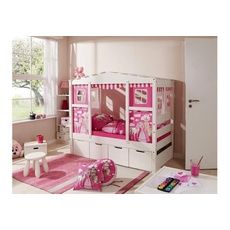Bild von Hausbett Lio 80 x 160 cm inkl. Zusatzbett, Matratzen und 2 Rollroste Kiefer massiv weiß horse-pink