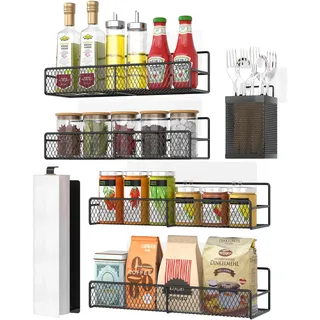 Kmise Gewürzregal Wandmontage 6er-Set, Hochfeste Klebebefestigung Hängekörbe mit Papiertuchhalter, Besteckkorb, Rostfreier bohrfreier Gewürzorganizer für Schrank, Pantry-Tür, Küchenaufbewahrung