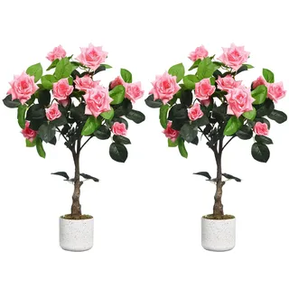 GarveeLife 2 Stück Künstlicher Rosenblütenbaum, Rosa/Weiß, Deko Rosenpflanzen Für Drinnen Und Draußen, 75/80/90/105/120/150Cm Hoch, Künstlicher Baum Mit Natürlichem Holzstamm Und Lebensechten Blumen f