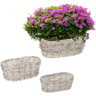 Relaxdays Blumentopf, 3 Verschiedene Größen, aus Rattan, Pflanzentöpfe mit Folie, Pflanzkörbe für drinnen, weiß/Natur