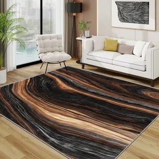 TerroVee Holzmuster Teppich Waschbar, Holzoptik Teppich 80x150 cm, Braun Schwarz rutschfest Waschbar Pflegeleicht Teppiche Für Schlafzimmer Küche, Braun Schwarz