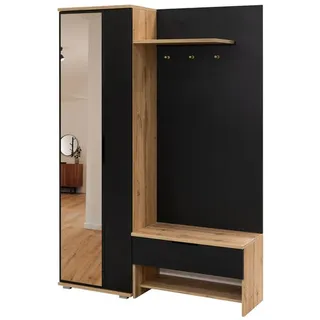 Deine Möbel 24 Garderobe Milano 140/200 in Eiche Wotan / Schwarz , Schwarz, Eiche Wotan , Holzwerkstoff , 140x200x40 cm , Garderobe, Garderoben-Sets & Garderoben-Serien, Garderoben-Sets