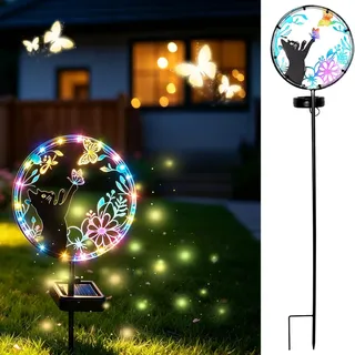 Calenxy Solarstecker für Außen Garten, Solarleuchte Katze mit Schmetterling, Metall Solar Tiere für Außen Garten Solar Gartenstecker, Gartendeko Solarlampen für Balkon Außenterrasse Rasen