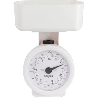 SALTER Mechanische Küchenwaage analog - mit schussel, 3kg, gut ablesbare Skala, spülmaschinenfest, kompakte Aufbewahrung, Küchenwaage mit herausnehmbarer 1L-cm-Schüssel, batterielos, weiß