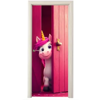 MuchoWow Türaufkleber Selbstklebend - Einhorn - Rosa - Tür - Fantasie 95x215 cm - Türtapete , Pink , Kunststoff , Rechteckig , 95x0.1 cm ,