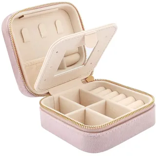 Casiwaft Kleines Reise Schmuckkästchen Samt mit Spiegel, Kleine Schmuckkästchen Organizer für Mädchen Frauen, Mini Schmuck Organizer Aufbewahrung für Ringe Ohrringe Halskette Armbänder, Rosa