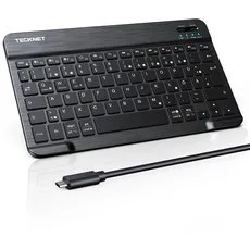 TECKNET Wiederaufladbare Bluetooth-Tastatur, mit 80cm USB Kabel, Ultra Dünn Wireless Bluetooth Keyboard Deutsches Layout QWERTZ BT5.1 Tragbare Kabellose Tastatur Bluetooth für Windows, iOS, Android