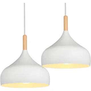 iDEGU Hängelampe Retro 24cm Hängeleuchte Moderne Skandinavisch E27 Deckenleuchte aus Metall Holz Pendelleuchte für Schlafzimmer Esszimmer Küche Wohnzimmer (Weiß, 2 Stücke)