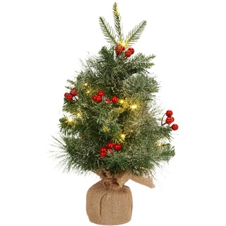 Auton 18 Zoll Mini Table Top Weihnachtsbaum, Prelit kleine Künstliche Weihnachtsbaum mit 20 LED-Lichter rote Beeren Burlap Basis für Home Table Centerpiece Schlafzimmer Büro Schreibtisch Deko, Grün