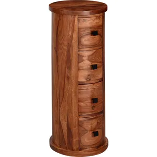 FineBuy Design Sideboard 85 cm Sheesham Massivholz Ø 35 cm Schränkchen mit Schubladen Schmaler Beistellschrank Massiv Mini Kommode Rund - Braun