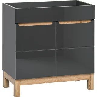 Badezimmerschrank 60 cm, grau glänzend, Eiche, 2 Türen, für Waschbecken, stehend - Grau