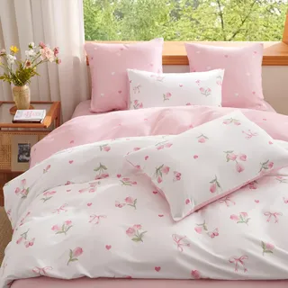 Sedefen Bettwäsche Blumen/Blätter/Mikrofaser Weiß/Rosa 135 x 200 cm + 80 x 80 cm