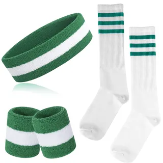 ONUPGO 5-teiliges Gestreiftes Schweißband und Socken-Set - Stirnband, Schweißbänder, Hohe Socken für Männer, Frauen, Sport und 80er-Party (Green/White/Green)
