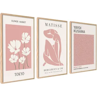 ag.art deco Moderne Poster Set | 3 Stück 50x70cm | Stilvolle Matisse Kusama Pastell Rosa Collagen mit passenden Bilder als Wanddeko | ohne Rahmen