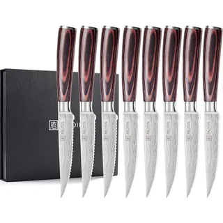 PAUDIN Steakmesser 8-teilig Set, Hochwertige Deutsche Edelstahl Steak Messer, Ultrascharfe Gezackte Klinge und Ergonomischer Holzgriff, Tafelmesser mit Geschenkbox