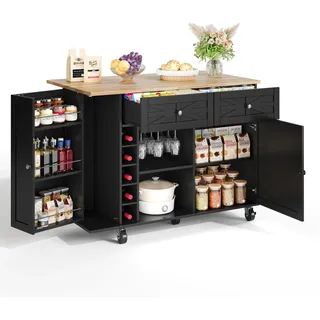 FORSMANO Kücheninsel mit klappbarer Arbeitsplatte, Weinregal und Glashalter, mit 5 Rollen, 120x45(70)x89cm, Schwarz