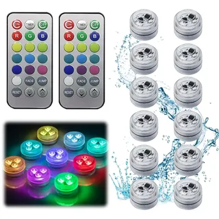 Mini Unterwasser Licht, 12/18 Stück Mini led Teelichter Bunt mit Fernbedienung, 13 Farben RGB Led Lichter mit Fernbedienung, Wasserdichte Teelichter für Vase, Aquarium, Pool, Garten, Party (12)
