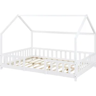 [en.casa] Kinderbett ’Sisimiut’ in Haus-Optik mit Rausfallschutz Kiefernholz 140 x 200 cm Weiß - Weiß