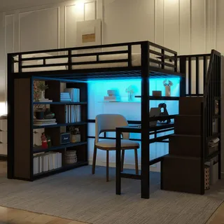 140x200 Hochbett Schwarz mit Schreibtisch & LED-Lichtleiste, Eisenrahmen Etagenbett mit Stauraum-Treppe & Regalen, Bettgestell ohne Matratze - Schwarz