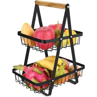Obstkorb, 2 Etagen, abnehmbarer Metallobstschale, Etagere, Brotkorb, Gemüsekorb, Etagere mit 2 Ebenen, moderne Etagere für Brot, Gemüse, Snacks, Eckregal, stehende Aufbewahrung, Küche - Schwarz