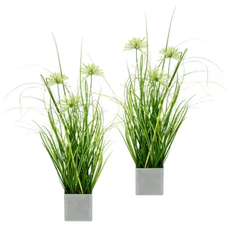 Künstlicher Grasbusch mit Blüten im Topf 2er Set Kunstgras Dekogras Gräser Kunstpflanze Grünpflanze Pflanze Ziergras Stehgras Sträucher Kunstblume Balkon Busch Grasbüschel Zimmerpflanze Lauchpflanze