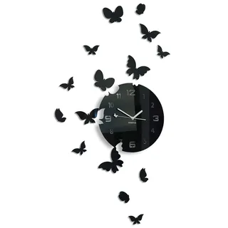 FLEXISTYLE Große Moderne Wanduhr Schmetterling rund 30cm, 15 Schmetterlinge, Wohnzimmer, Schlafzimmer, Kinderzimmer, Produkt in der EU hergestellt (Schwarz)