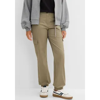 Cargohose BONPRIX, Damen, Gr. 42, N-Gr, beige (oliv), Web, Obermaterial: 97% Baumwolle, 3% Elasthan, loose fit, Hosen Cargohose, aus Baumwolle mit Elasthan, lockere Passform, mit Bequembund
