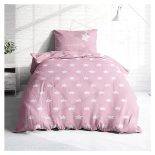 Biber Bettwäsche Set 2tlg 135x200 cm + 80x80 cm – Flauschige Blumenbettwäsche Rosa – Weiche Winterbettwäsche mit Sternen – Atmungsaktiv, Warm & Hautfreundlich – 100% Baumwolle