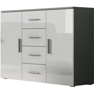 Furniture24 Kommode Uni - SOHO Sideboard mit 4 Schubladen, 2 Türen Grau/Weiß Hochglanz - Weiß