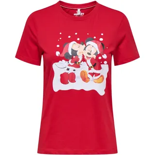 Kurzarmshirt ONLY "ONLMICKEY LIFE REG S/S TOP BOX XMAS JRS", Damen, Gr. XS, urban rot print:mickey and minnie xmas, Jersey, Obermaterial: 100% Baumwolle, bedruckt, relaxed fit, Rundhals, Shirts Kurzarmshirt