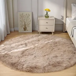 Goolela Runder Teppich Beige 180 cm Wohnzimmer, Großer Flauschiger Hochflor Teppich aus Kunstfell