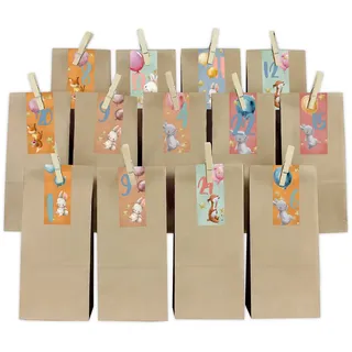 Adventskalender Set Hasen Streifen mit Papiertüten und Holzklammern Y067