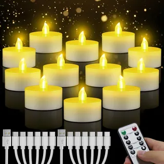 daphomeu LED Teelichter Wiederaufladbar, 12 Stück Flammenlose LED Kerzen mit Fernbedienung, Timer-Funktion, USB-Aufladbar Elektrische Kerzen für Hochzeiten Halloween Weihnachten Heimdekoration