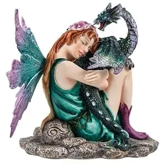 DRW Figur Fee mit Drachen in Grüntönen aus handbemaltem Harz, 6 x 12 x 12 cm