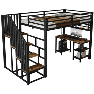 Redom Hochbett 120/200 cm aus Metall mit Schreibtisch, Regal und Treppe mit Handläufen, Schwarz/Dunkle Walnuss , 120x200 cm , Babymöbel & Kindermöbel, Kinderzimmer & Jugendzimmer, Kinderbetten, Hochbetten