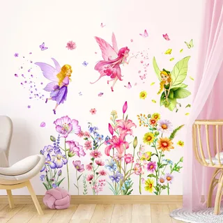 Supzone Wandtattoo Rosa Blume Fee Mädchenzimmer Wandaufkleber | Schmetterling Elfen Wandabziehbilder abnehmbare Wanddekoration für Mädchen Baby Kinderzimmer Kinder Schlafzimmer Wohnzimmer