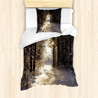 ABAKUHAUS Winter Bettbezug Set für Einzelbetten, Weihnachtsschnee Wald, Milbensicher Allergiker geeignet mit Kissenbezug, Hellgelb Braun - Braun