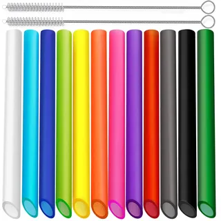 ALINK 12 Stück Strohhalme Wiederverwendbare Bubble Tea mit 2 Reinigungsbürsten, Farbige Spitzes Dicke Trinkhalme Plastik, Geeignet für alle Arten von Smoothie Milchshakes (13mm×21.6cm)
