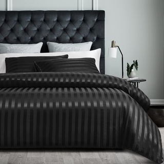 Damier Bettwäsche 155x220cm Schwarz Satin gestreift Bettwäsche Set Seidig glänzend hochwertiges Glanzsatin Deckenbezug mit verdecktem Reißverschluss - 155 × 220 cm + 80 × 80 cm, 155 x 220 cm