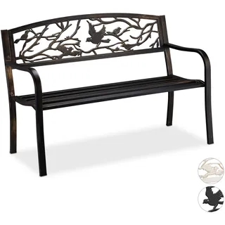 Relaxdays Gartenbank, Vögel Muster, 2-Sitzer, Vintage, Garten & Balkon, Stahl, Sitzbank, 87x127x57 cm, schwarz/Bronze