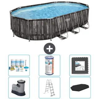 Bestway Oval Power Steel Swimmingpool – 610 x 366 x 122 – Grau – inklusive Pumpe – Leiter – Abdeckung Wartungspaket - Filter - Bodenfliesen