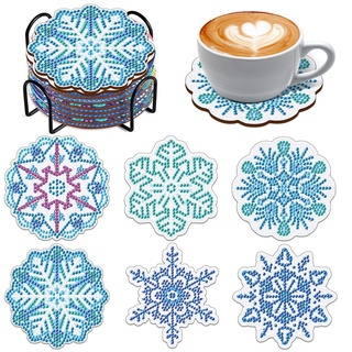 Souarts Schneeflocken Diamond Painting Untersetzer mit Halter, 6PCS Weihnachten DIY Diamant Painting Coasters Basteln Erwachsene Kinder für Glas Tassen Vasen Kerzen Getränke